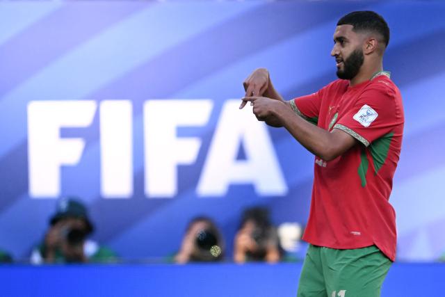 Morocco's midfielder #11 Ismael Saibari celebrates scoring his team's first goal during the 2026 World Cup Group C football match between Brazil and Morocco at the New York/New Jersey Stadium in East Rutherford on June 13, 2026. (Photo by Mauro PIMENTEL / AFP)