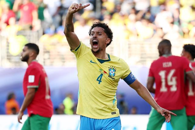 Brazil's defender #04 Marquinhos gestures during the 2026 World Cup Group C football match between Brazil and Morocco at the New York/New Jersey Stadium in East Rutherford on June 13, 2026. (Photo by CHARLY TRIBALLEAU / AFP)