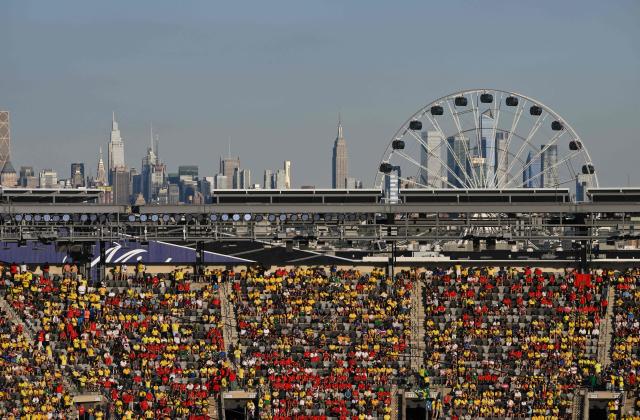 TOPSHOT - This view shows the stand and the skyscrapers of New York during the 2026 World Cup Group C football match between Brazil and Morocco at the New York/New Jersey Stadium in East Rutherford on June 13, 2026. (Photo by Angela WEISS / AFP)