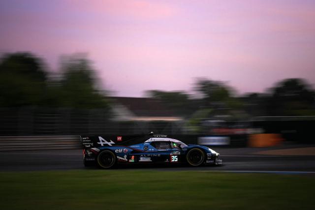 French Alpine A424 Hypercar #35 of ALPINE ENDURANCE TEAM (LMDh) competes during the 94th edition of the 24 Hours of Le Mans, the motor endurance race, in Le Mans, western France, on June 13, 2026. (Photo by Lou BENOIST / AFP)
