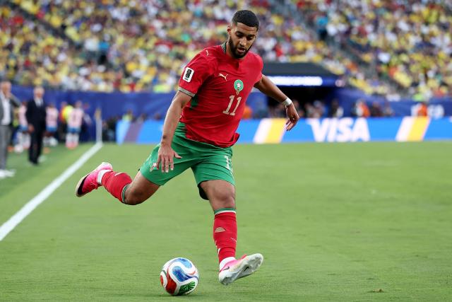 Morocco's midfielder #11 Ismael Saibari kicks the ball during the 2026 World Cup Group C football match between Brazil and Morocco at the New York/New Jersey Stadium in East Rutherford on June 13, 2026. (Photo by CHARLY TRIBALLEAU / AFP)
