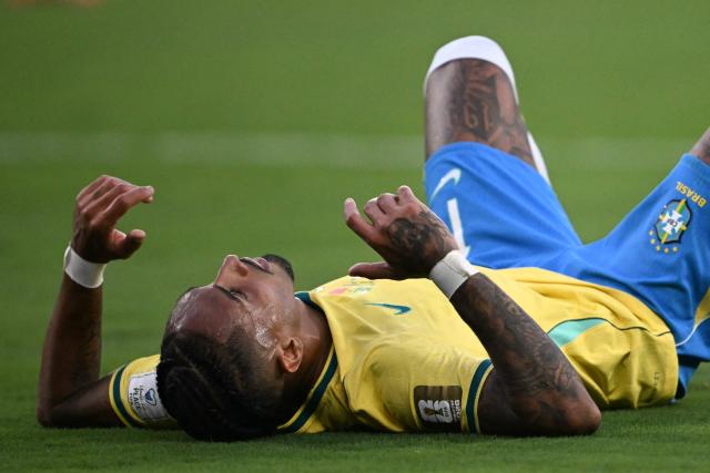 Brazil's forward #11 Raphinha reacts at the end of the 2026 World Cup Group C football match between Brazil and Morocco at the New York/New Jersey Stadium in East Rutherford on June 13, 2026. (Photo by Mauro PIMENTEL / AFP)