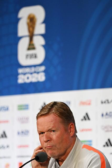 Netherlands' head coach Ronald Koeman attends a press conference ahead of Netherlands' 2026 World Cup football tournament Group F football match against Japan in Dallas on June 13, 2026.  (Photo by Paul ELLIS / AFP)