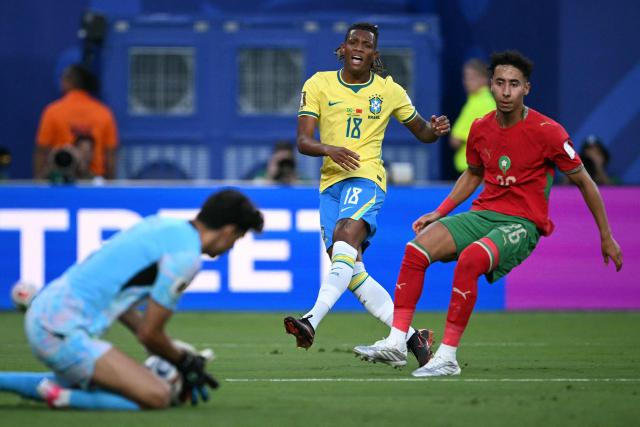 Brazil's midfielder #18 Danilo Santos reacts after missing a chance during the 2026 World Cup Group C football match between Brazil and Morocco at the New York/New Jersey Stadium in East Rutherford on June 13, 2026. (Photo by Mauro PIMENTEL / AFP)