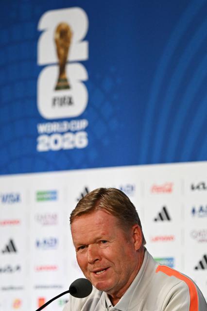 Netherlands' head coach Ronald Koeman attends a press conference ahead of Netherlands' 2026 World Cup football tournament Group F football match against Japan in Dallas on June 13, 2026.  (Photo by Paul ELLIS / AFP)