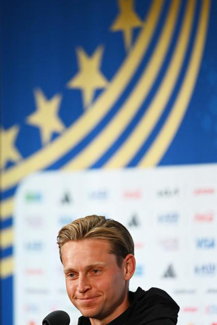 Netherlands' midfielder #21 Frenkie de Jong attends a press conference ahead of Netherlands' 2026 World Cup football tournament Group F football match against Japan in Dallas on June 13, 2026.  (Photo by Paul ELLIS / AFP)