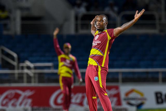 Matthew Forde of West Indies celebrates the dismissal of Kamindu Mendis of Sri Lanka during the second Twenty20 (T20) international cricket match between West Indies and Sri Lanka at Sabina Park in Kingston, Jamaica, on June 13, 2026. (Photo by Randy Brooks / AFP)
