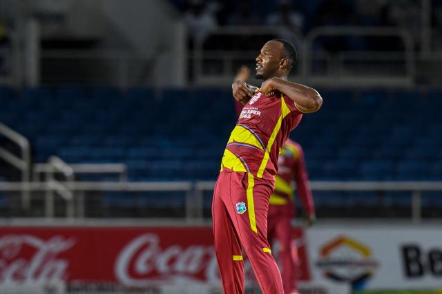 Matthew Forde of West Indies celebrates the dismissal of Kamindu Mendis of Sri Lanka during the second Twenty20 (T20) international cricket match between West Indies and Sri Lanka at Sabina Park in Kingston, Jamaica, on June 13, 2026. (Photo by Randy Brooks / AFP)