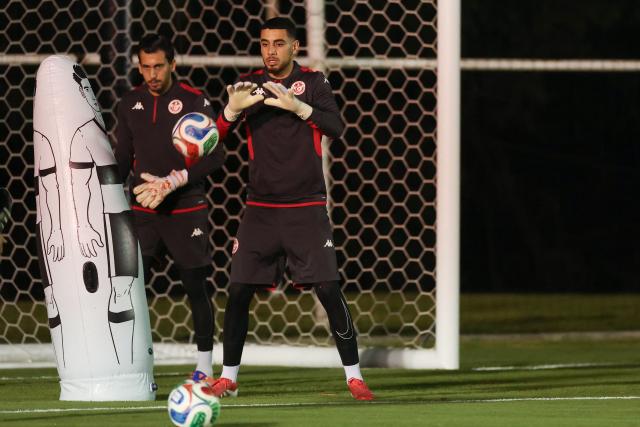 Tunisia's goalkeepers #16 Aymen Dahmen (L) and #01 Mouhib Chamakh (R) take part in a training session at Rayados Training Centre in Santiago, Nueva Leon state, Mexico, on June 13, 2026, on the eve of their 2026 World Cup football tournament Group F football match against Sweden. (Photo by Julio Cesar AGUILAR / AFP)