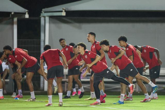 Tunisia's players take part in a training session at Rayados Training Centre in Santiago, Nueva Leon state, Mexico, on June 13, 2026, on the eve of their 2026 World Cup football tournament Group F football match against Sweden. (Photo by Julio Cesar AGUILAR / AFP)