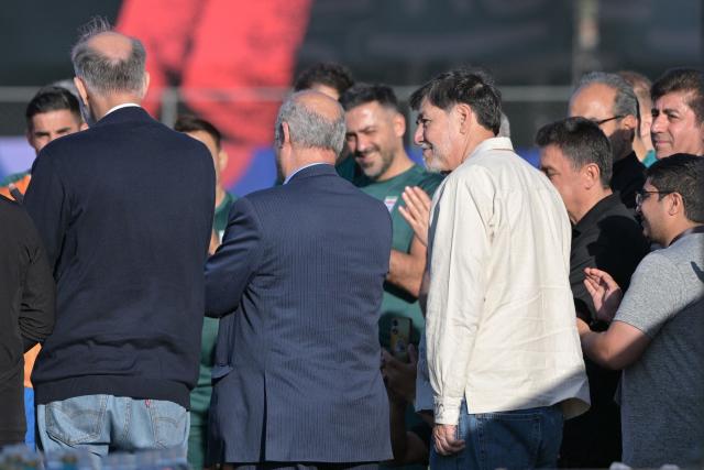 Mexican deputy Gerardo Fernandez Norona (C-R) attends the Iran's training session for the 2026 World Cup football tournament Group G football match against New Zealand in Tijuana, Mexico on June 13, 2026.  (Photo by Guillermo Arias / AFP)