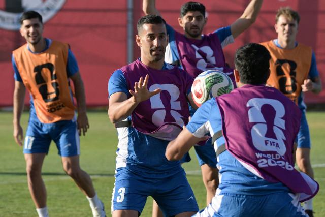Iran's defender #03 Ehsan Hajsafi and teammates take part in training session for the 2026 World Cup football tournament Group G football match against New Zealand in Tijuana, Mexico on June 13, 2026.  (Photo by Guillermo Arias / AFP)