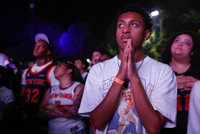 Knicks fans inside Wollman Rink in Central Park react to Game 5 of the NBA finals between the New York Knicks and San Antonio Spurs, in New York, on June 13, 2026. (Photo by kena betancur / AFP)