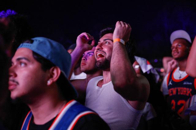 Knicks fans inside Wollman Rink in Central Park react to Game 5 of the NBA finals between the New York Knicks and San Antonio Spurs, in New York, on June 13, 2026. (Photo by kena betancur / AFP)