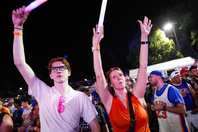 Knicks fans inside Wollman Rink in Central Park react to Game 5 of the NBA finals between the New York Knicks and San Antonio Spurs, in New York, on June 13, 2026. (Photo by kena betancur / AFP)