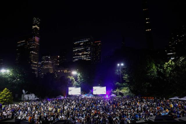 Knicks fans gather inside Wollman Rink in Central Park to watch Game 5 of the NBA finals between the New York Knicks and San Antonio Spurs, in New York, on June 13, 2026. (Photo by kena betancur / AFP)