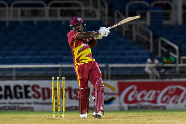 Rovman Powell of West Indies hits 6 during the second Twenty20 (T20) international cricket match between West Indies and Sri Lanka at Sabina Park in Kingston, Jamaica, on June 13, 2026. (Photo by Randy Brooks / AFP)