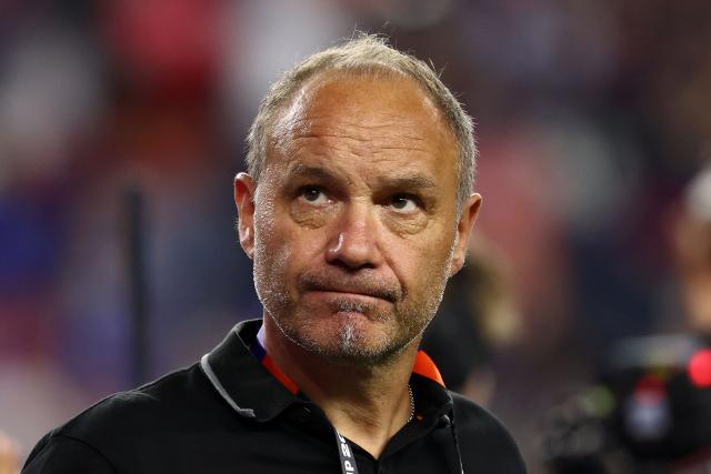 Haiti's French head coach Sebastien Migne reacts after losing the 2026 World Cup Group C football match between Haiti and Scotland at the Boston Stadium in Foxborough on June 13, 2026. (Photo by FRANCK FIFE / AFP)