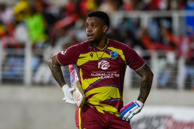 Shimron Hetmyer of West Indies waits close to the boundary for the 3rd umpire decision during the second Twenty20 (T20) international cricket match between West Indies and Sri Lanka at Sabina Park in Kingston, Jamaica, on June 13, 2026. (Photo by Randy Brooks / AFP)