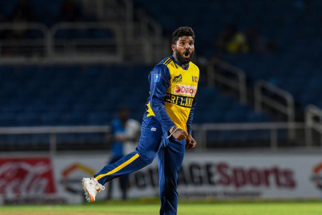 Dunith Wellalage of Sri Lanka celebrates the dismissal of Romario Shepherd of West Indies during the second Twenty20 (T20) international cricket match between West Indies and Sri Lanka at Sabina Park in Kingston, Jamaica, on June 13, 2026. (Photo by Randy Brooks / AFP)