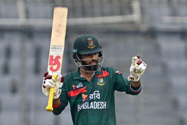 Bangladesh's Towhid Hridoy celebrates after scoring a half-century (50 runs) during the third one-day international (ODI) cricket match between Bangladesh and Australia at the Sher-e-Bangla National Stadium in Dhaka on June 14, 2026. (Photo by Munir UZ ZAMAN / AFP)