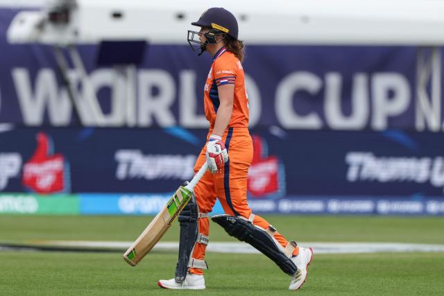 Netherlands' Phebe Molkenboer walks off after being dismissed on the third day of the ICC Women's T20 cricket World Cup 2026 Group A stage, Match 5 match between the Netherlands and Bangladesh at Edgbaston cricket ground in Birmingham, central England on June 14, 2026. (Photo by Darren Staples / AFP)