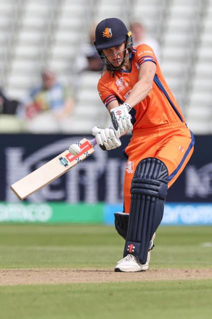 Netherlands' captain Babette de Leede bats during the ICC Women's T20 cricket World Cup 2026 Group A stage, Match 5 match between the Netherlands and Bangladesh at Edgbaston cricket ground in Birmingham, central England on June 14, 2026. (Photo by Darren Staples / AFP)