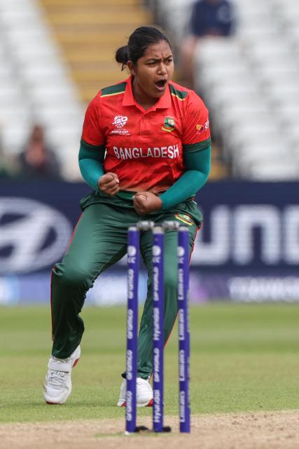 Bangladesh's Fariha Trisna celebrates the dismissal of Netherlands' Heather Siegers (not pictured) on the third day of the ICC Women's T20 cricket World Cup 2026 Group A stage, Match 5 match between the Netherlands and Bangladesh at Edgbaston cricket ground in Birmingham, central England on June 14, 2026. (Photo by Darren Staples / AFP)