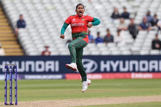 Bangladesh's Fariha Trisna celebrates the dismissal of Netherlands' Heather Siegers (not pictured) on the third day of the ICC Women's T20 cricket World Cup 2026 Group A stage, Match 5 match between the Netherlands and Bangladesh at Edgbaston cricket ground in Birmingham, central England on June 14, 2026. (Photo by Darren Staples / AFP)