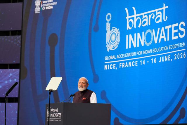Indian Prime Minister Narendra Modi gives a speech during the "Bharat Innovate 2026" event in Nice south-eastern France on June 14, 2026. (Photo by Lewis JOLY / POOL / AFP)
