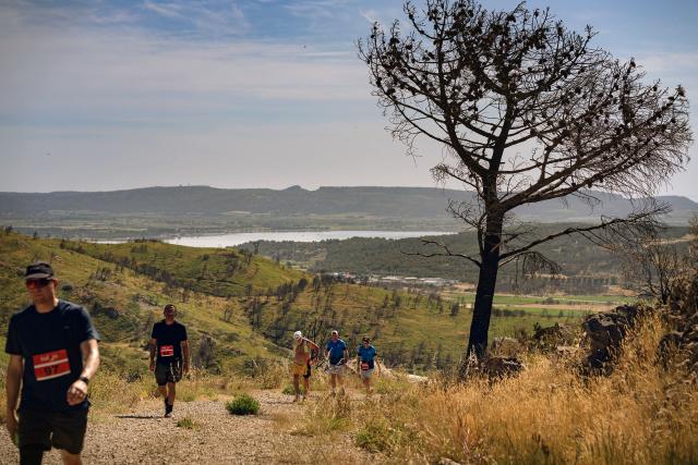 People run through a burned forest during the so called "ash trail" in Bages, southwest France, on June 14, 2026. The trail, organised by three students from Narbonne and known as the ‘Trail des Cendres’, takes place to pay tribute to the area devastated by wildfires last summer. (Photo by Idriss Bigou-Gilles / AFP)