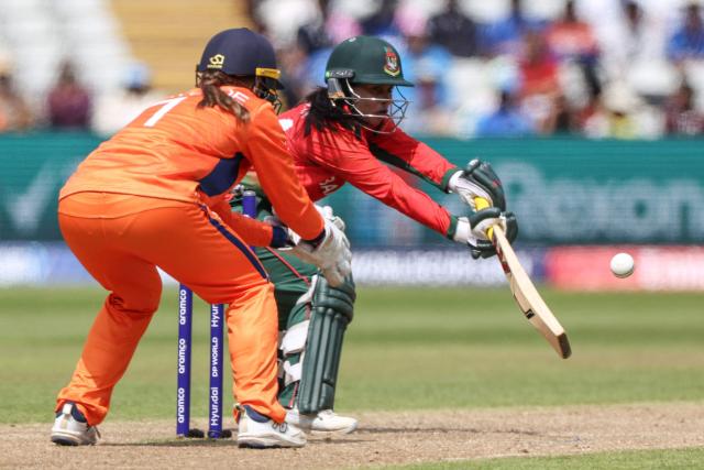 Bangladesh's Sharmin Akhter (R) plays a shot during the ICC Women's T20 cricket World Cup 2026 Group A stage, Match 5 match between the Netherlands and Bangladesh at Edgbaston cricket ground in Birmingham, central England on June 14, 2026. (Photo by Darren Staples / AFP)