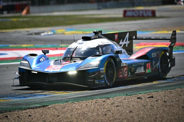 The Alpine Endurance Racing's car of Portuguese driver António Félix da Costa, French driver Charles Milesi and Ferdinand Habsburg takes a corner during the 94th edition of the 24 Hours of Le Mans at the Le Mans circuit, north-western France, on June 14, 2026. (Photo by Lou BENOIST / AFP)