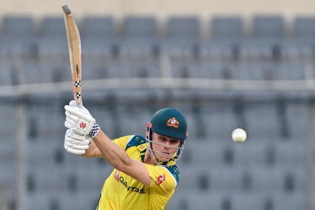 Australia's Cooper Connolly plays a shot during the third one-day international (ODI) cricket match between Bangladesh and Australia at the Sher-e-Bangla National Stadium in Dhaka on June 14, 2026. (Photo by Munir UZ ZAMAN / AFP)