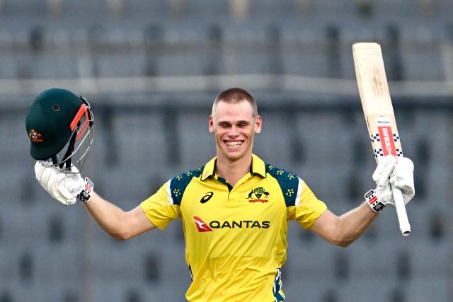 Australia's Cooper Connolly celebrates after scoring a century (100 runs) during the third one-day international (ODI) cricket match between Bangladesh and Australia at the Sher-e-Bangla National Stadium in Dhaka on June 14, 2026. (Photo by Munir UZ ZAMAN / AFP)