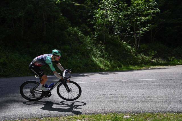 Decathlon CMA CGM Team's French rider Paul Seixas drops behind the pack of riders cycles during the 8th and final stage of the Tour Auvergne-Rhone-Alpes cycling race (formerly known as the Criterium du Dauphine), 120,1km between Beaufort and Plateau de Solaison, in the French Alps on June 14, 2026. (Photo by Anne-Christine POUJOULAT / AFP)