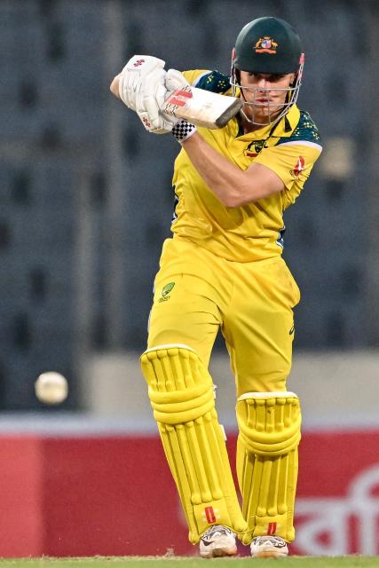 Australia's Cooper Connolly plays a shot during the third one-day international (ODI) cricket match between Bangladesh and Australia at the Sher-e-Bangla National Stadium in Dhaka on June 14, 2026. (Photo by Munir UZ ZAMAN / AFP)