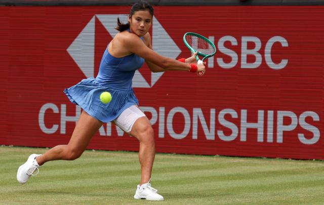 Britain's Emma Raducanu returns against Croatia's Donna Vekic during their women's singles final tennis match at the HSBC WTA Championships at Queen's Club in west London on June 14, 2026. (Photo by Adrian Dennis / AFP)