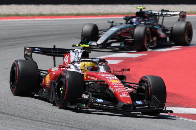 Ferrari's British driver Lewis Hamilton competes in the Catalonia Formula One Grand Prix at the Circuit de Catalunya in Montmelo, on the outskirts of Barcelona, on June 14, 2026. (Photo by Lluis GENE / AFP)