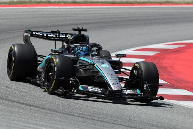 Mercedes' British driver George Russell competes in the Catalonia Formula One Grand Prix at the Circuit de Catalunya in Montmelo, on the outskirts of Barcelona, on June 14, 2026. (Photo by Lluis GENE / AFP)