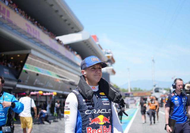 Red Bull Racing's French driver Isack Hadjar arrives prior the Catalonia Formula One Grand Prix at the Circuit de Catalunya in Montmelo, on the outskirts of Barcelona, on June 14, 2026. (Photo by Manaure QUINTERO / AFP)