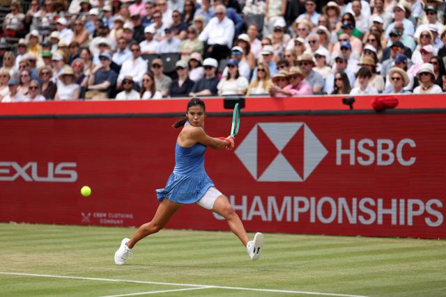 Britain's Emma Raducanu returns to Croatia's Donna Vekic during their women's singles final tennis match at the HSBC WTA Championships at Queen's Club in west London on June 14, 2026. (Photo by Adrian Dennis / AFP)