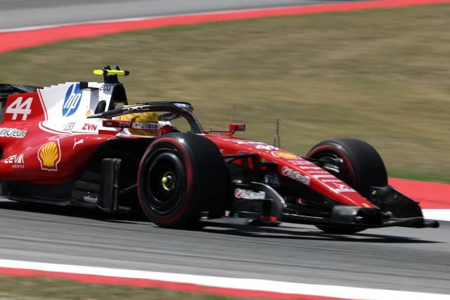 Ferrari's British driver Lewis Hamilton competes in the Catalonia Formula One Grand Prix at the Circuit de Catalunya in Montmelo, on the outskirts of Barcelona, on June 14, 2026. (Photo by Lluis GENE / AFP)