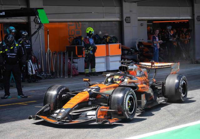 McLaren Australian driver Oscar Piastri exits the pit stop during the Catalonia Formula One Grand Prix at the Circuit de Catalunya in Montmelo, on the outskirts of Barcelona, on June 14, 2026. (Photo by Manaure QUINTERO / POOL / AFP)