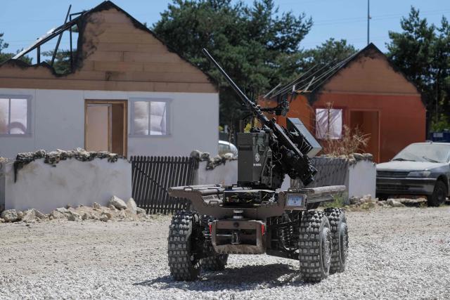This photograph shows a Aurochs 2 military robot during a dynamic demonstration of military equipment at the Eurosatory defence and security trade show at the Paris Nord Villepinte Exhibition Centre in Villepinte, a northeastern suburb of Paris, on June 14, 2026. The Eurosatory trade show takes place from June 15 to 19, 2026. (Photo by Kenzo TRIBOUILLARD / AFP)