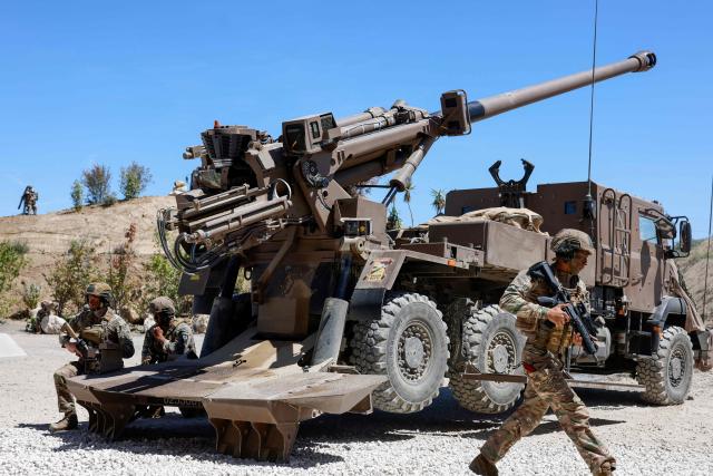 This photograph shows a Caesar canon during a dynamic demonstration of military equipment at the Eurosatory defence and security trade show at the Paris Nord Villepinte Exhibition Centre in Villepinte, a northeastern suburb of Paris, on June 14, 2026. The Eurosatory trade show takes place from June 15 to 19, 2026. (Photo by Kenzo TRIBOUILLARD / AFP)