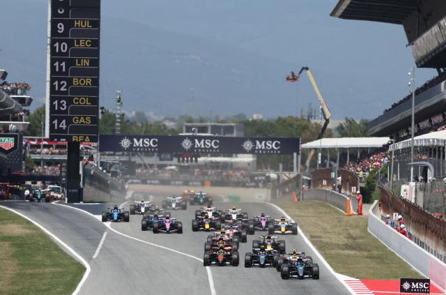 Drivers compete in the Catalonia Formula One Grand Prix at the Circuit de Catalunya in Montmelo, on the outskirts of Barcelona, on June 14, 2026. (Photo by Josep LAGO / AFP)