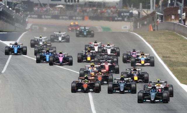 Drivers compete in the Catalonia Formula One Grand Prix at the Circuit de Catalunya in Montmelo, on the outskirts of Barcelona, on June 14, 2026. (Photo by Josep LAGO / AFP)