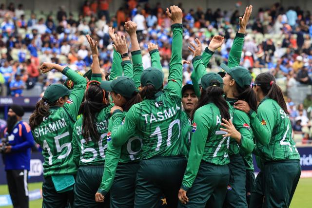 Pakistan huddle before the start of the ICC Women's T20 cricket World Cup 2026 Group A stage, Match 6 match between the India and Pakistan at Edgbaston cricket ground in Birmingham, central England on June 14, 2026. (Photo by Darren Staples / AFP)