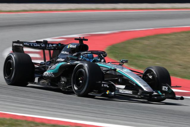 Mercedes' British driver George Russell competes in the Catalonia Formula One Grand Prix at the Circuit de Catalunya in Montmelo, on the outskirts of Barcelona, on June 14, 2026. (Photo by Lluis GENE / AFP)